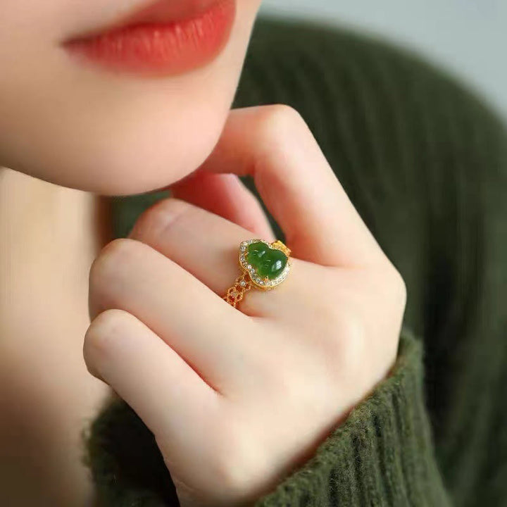 Anillo de riqueza ajustable con Buddha Stones, calabaza vintage, calcedonia verde, chapado en cobre y oro