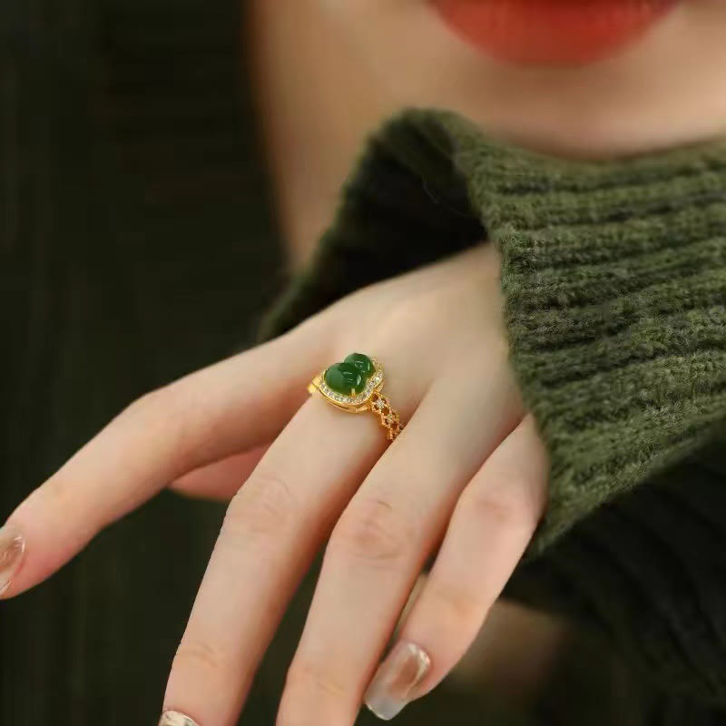 Anillo de riqueza ajustable con Buddha Stones, calabaza vintage, calcedonia verde, chapado en cobre y oro