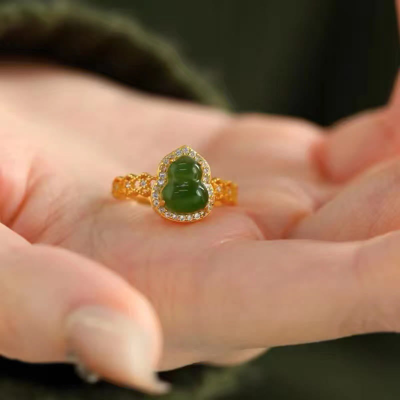 Anillo de riqueza ajustable con Buddha Stones, calabaza vintage, calcedonia verde, chapado en cobre y oro