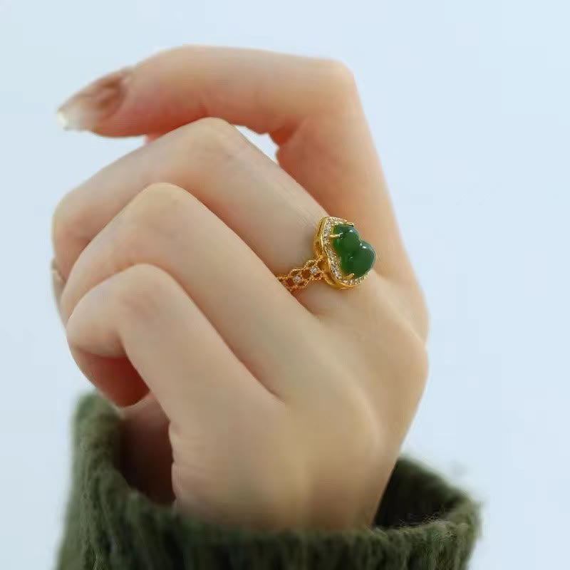 Anillo de riqueza ajustable con Buddha Stones, calabaza vintage, calcedonia verde, chapado en cobre y oro