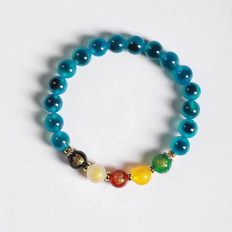 Pulsera de Buddha Stones de ágata natural y colorida con armonía de los cinco dioses de la riqueza - Ágata de caramelo azul (circunferencia de la muñeca: 14-15 cm) - image 1