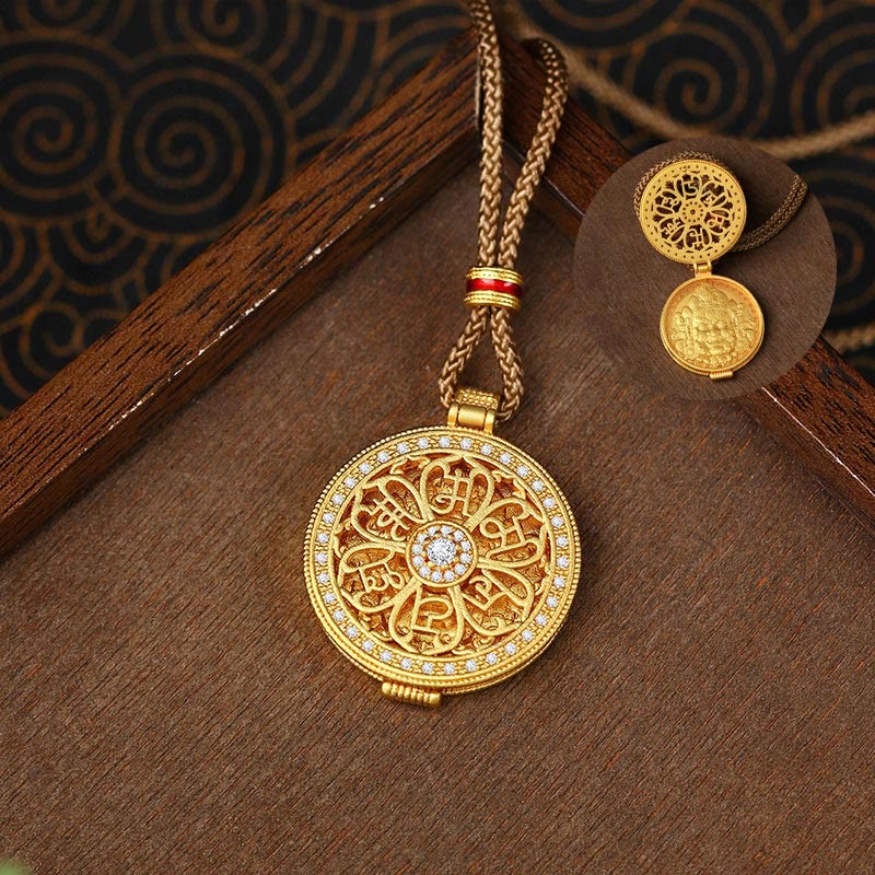 Collar con colgante de riqueza chapado en oro y cobre con piedras de Buddha Stones Om Mani Padme Hum que se puede abrir - image 2