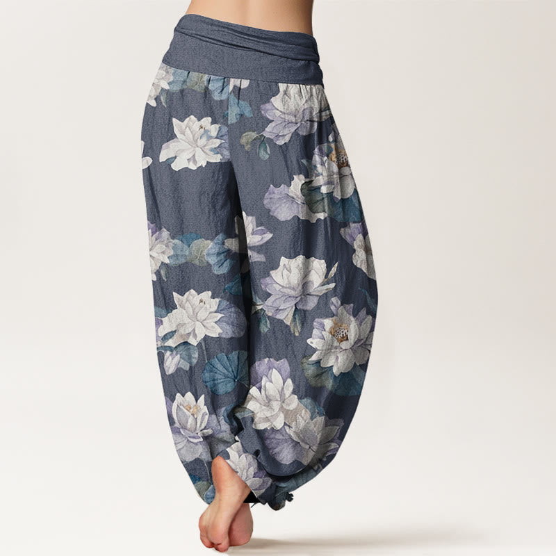 Pantalón tipo harem de cintura elástica para mujer, de algodón, estilo casual y elegante, con estampado de loto y Buddha Stones. - image 2
