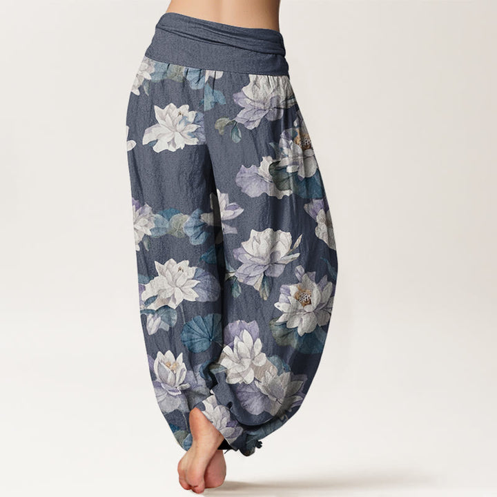 Pantalón tipo harem de cintura elástica para mujer, de algodón, estilo casual y elegante, con estampado de loto y Buddha Stones. - image 2