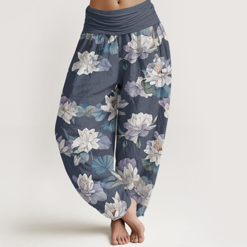 Pantalón tipo harem de cintura elástica para mujer, de algodón, estilo casual y elegante, con estampado de loto y Buddha Stones. - Gris pizarra claro - US22，UK/AU26，EU54 (6XL) - image 0