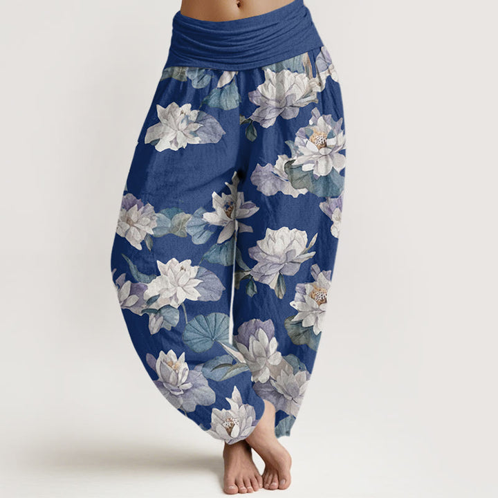 Pantalón tipo harem de cintura elástica para mujer, de algodón, estilo casual y elegante, con estampado de loto y Buddha Stones. - Azul real - US22，UK/AU26，EU54 (6XL) - image 4