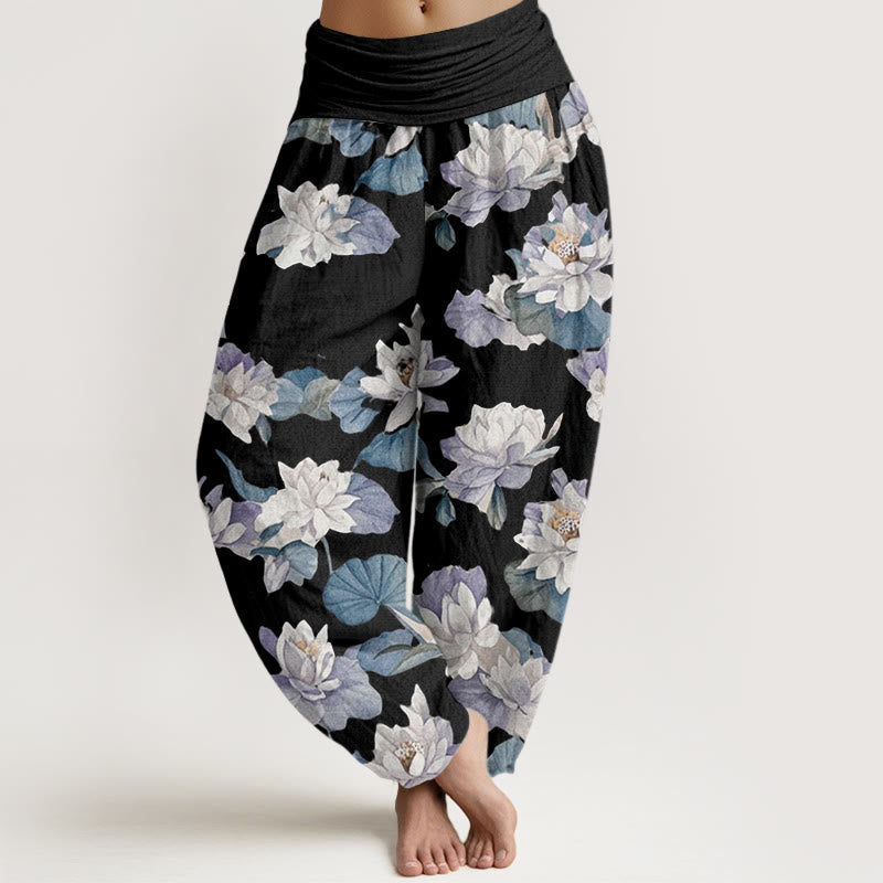 Pantalón tipo harem de cintura elástica para mujer, de algodón, estilo casual y elegante, con estampado de loto y Buddha Stones. - Negro - US22，UK/AU26，EU54 (6XL) - image 7