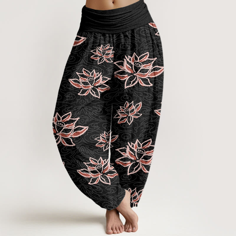 Pantalones bombachos de cintura elástica para mujer, de algodón con estampado de líneas de loto y piedras de Buddha Stones. - Negro - US22，UK/AU26，EU54 (6XL) - image 0