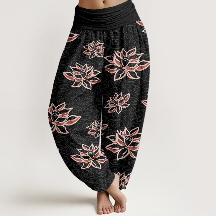 Pantalones bombachos de cintura elástica para mujer, de algodón con estampado de líneas de loto y piedras de Buddha Stones. - Negro - US22，UK/AU26，EU54 (6XL) - image 0