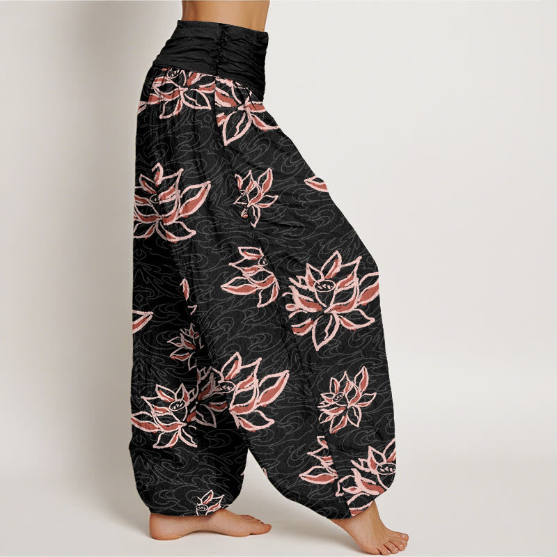 Pantalones bombachos de cintura elástica para mujer, de algodón con estampado de líneas de loto y piedras de Buddha Stones. - image 1