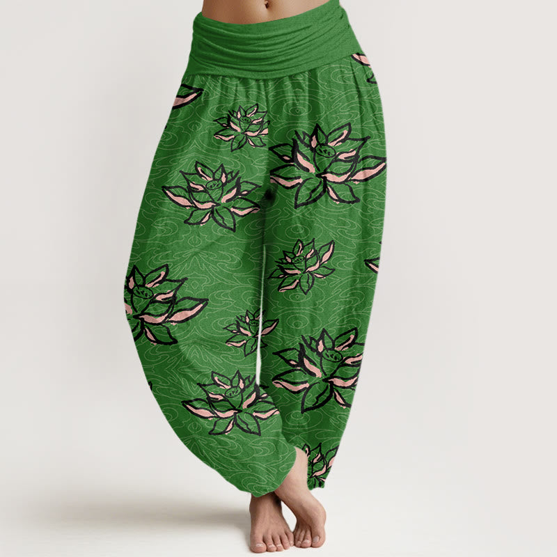 Pantalones bombachos de cintura elástica para mujer, de algodón con estampado de líneas de loto y piedras de Buddha Stones. - Verde bosque - US22，UK/AU26，EU54 (6XL) - image 4