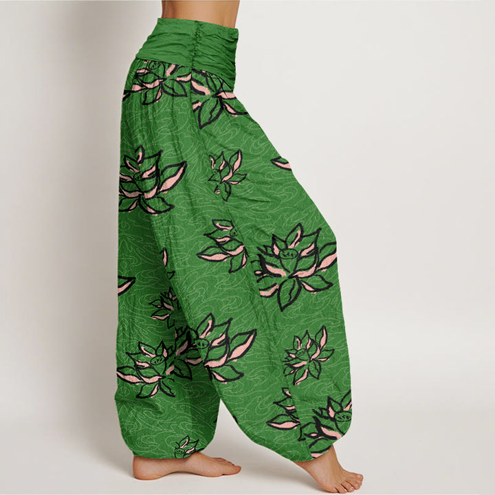 Pantalones bombachos de cintura elástica para mujer, de algodón con estampado de líneas de loto y piedras de Buddha Stones. - image 5