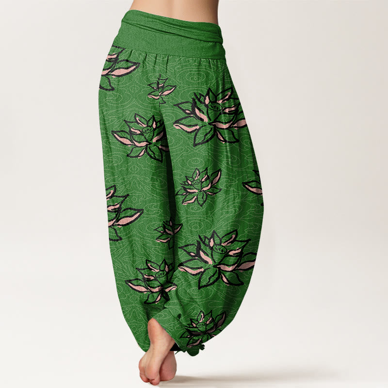 Pantalones bombachos de cintura elástica para mujer, de algodón con estampado de líneas de loto y piedras de Buddha Stones. - image 6