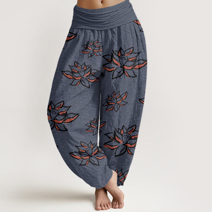 Pantalones bombachos de cintura elástica para mujer, de algodón con estampado de líneas de loto y piedras de Buddha Stones. - Azul medianoche - US22，UK/AU26，EU54 (6XL) - image 7