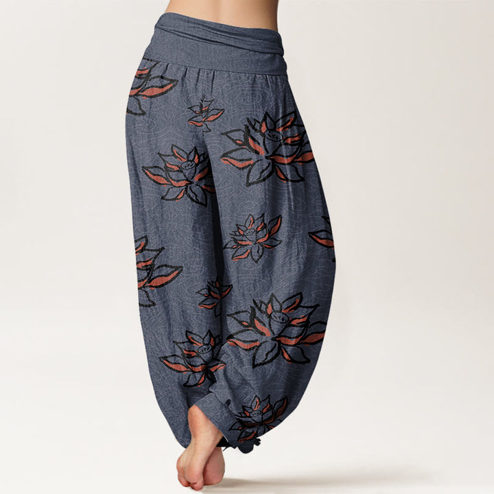 Pantalones bombachos de cintura elástica para mujer, de algodón con estampado de líneas de loto y piedras de Buddha Stones. - image 9