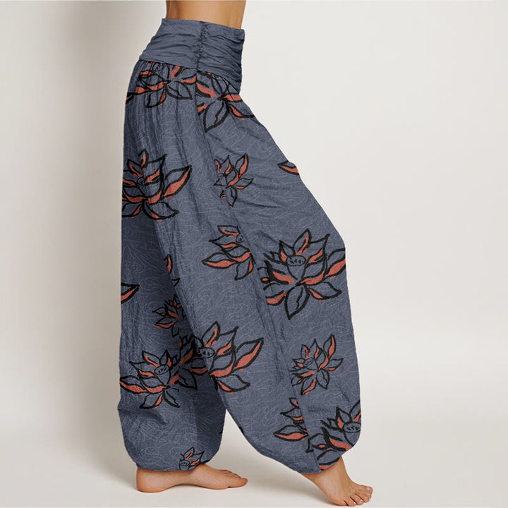 Pantalones bombachos de cintura elástica para mujer, de algodón con estampado de líneas de loto y piedras de Buddha Stones. - image 8
