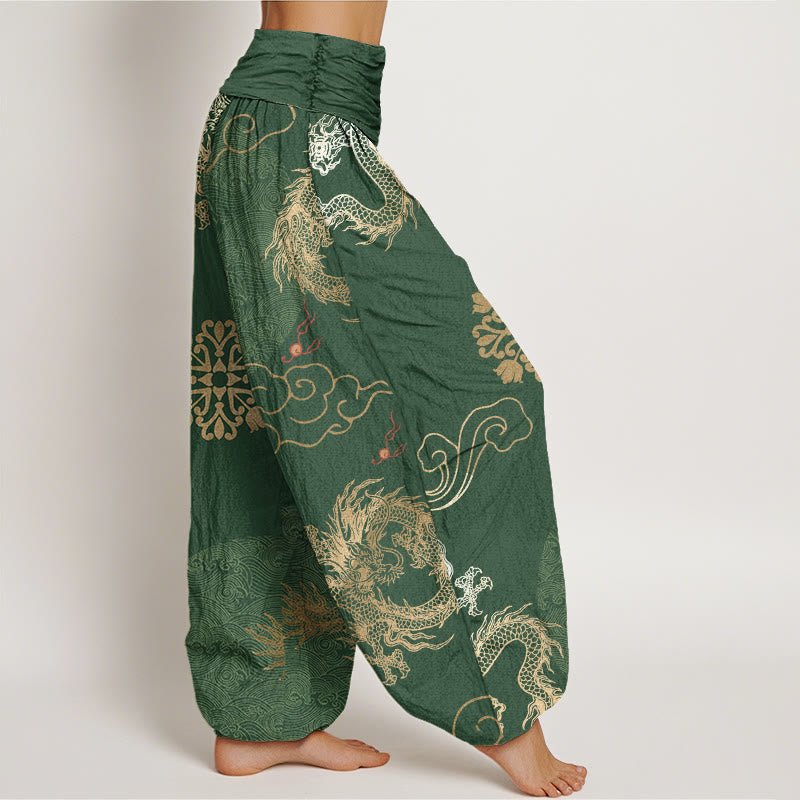 Pantalones bombachos de cintura elástica para mujer, de algodón, estilo casual, con estampado de dragón dorado y nube auspiciosa, con Buddha Stones. - image 1