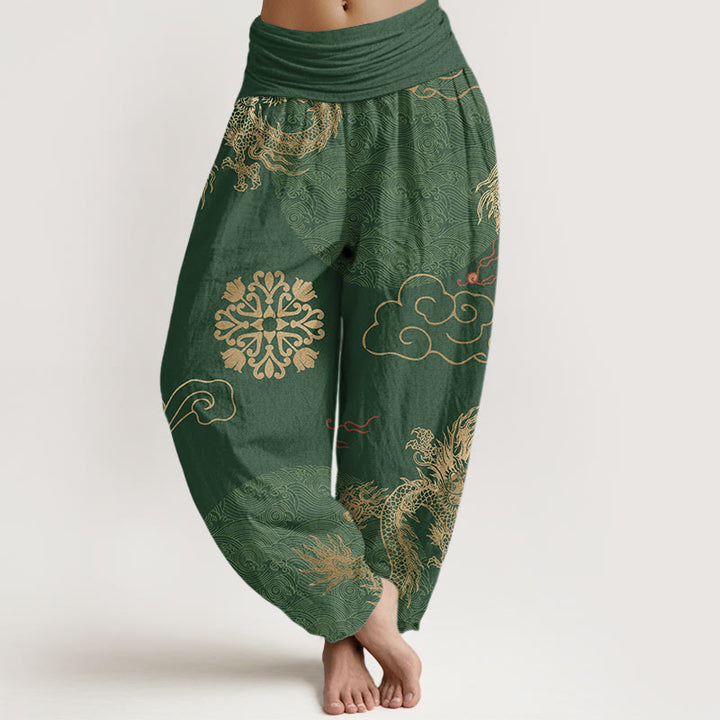 Pantalones bombachos de cintura elástica para mujer, de algodón, estilo casual, con estampado de dragón dorado y nube auspiciosa, con Buddha Stones. - Verde bosque - US22，UK/AU26，EU54 (6XL) - image 0