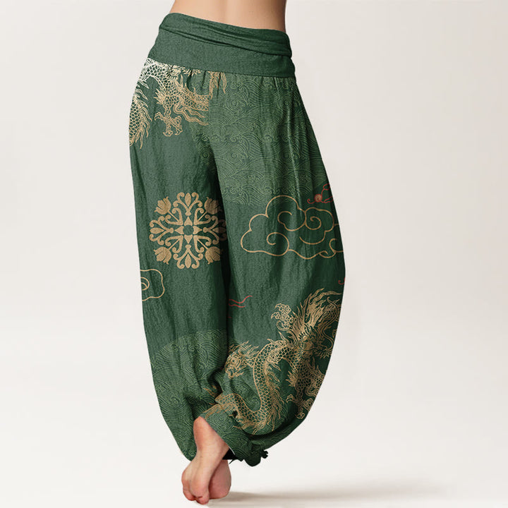 Pantalones bombachos de cintura elástica para mujer, de algodón, estilo casual, con estampado de dragón dorado y nube auspiciosa, con Buddha Stones. - image 2