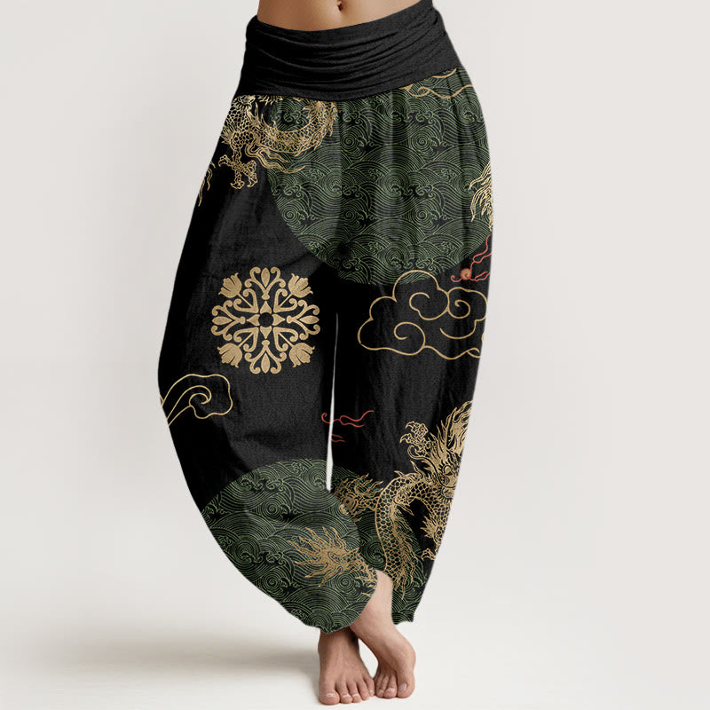 Pantalones bombachos de cintura elástica para mujer, de algodón, estilo casual, con estampado de dragón dorado y nube auspiciosa, con Buddha Stones. - Negro - US22，UK/AU26，EU54 (6XL) - image 4
