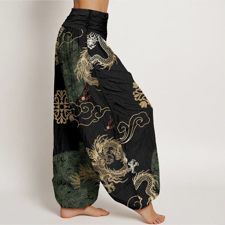 Pantalones bombachos de cintura elástica para mujer, de algodón, estilo casual, con estampado de dragón dorado y nube auspiciosa, con Buddha Stones. - image 5