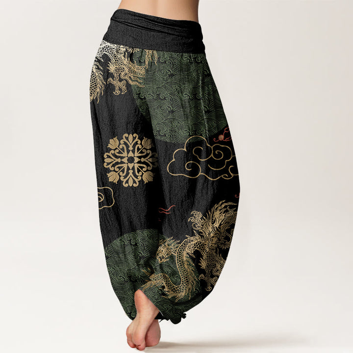 Pantalones bombachos de cintura elástica para mujer, de algodón, estilo casual, con estampado de dragón dorado y nube auspiciosa, con Buddha Stones. - image 6
