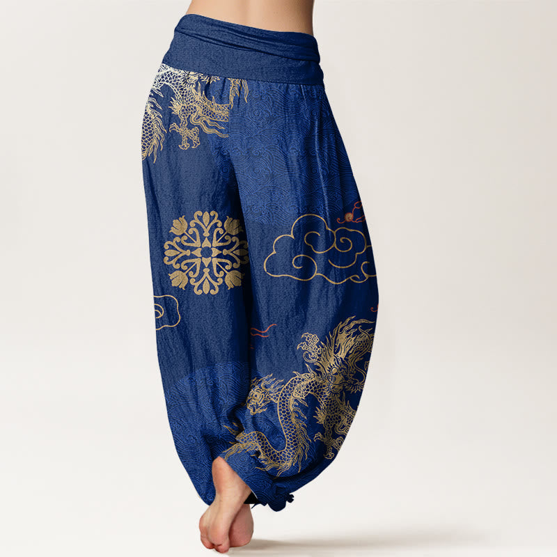 Pantalones bombachos de cintura elástica para mujer, de algodón, estilo casual, con estampado de dragón dorado y nube auspiciosa, con Buddha Stones. - image 9