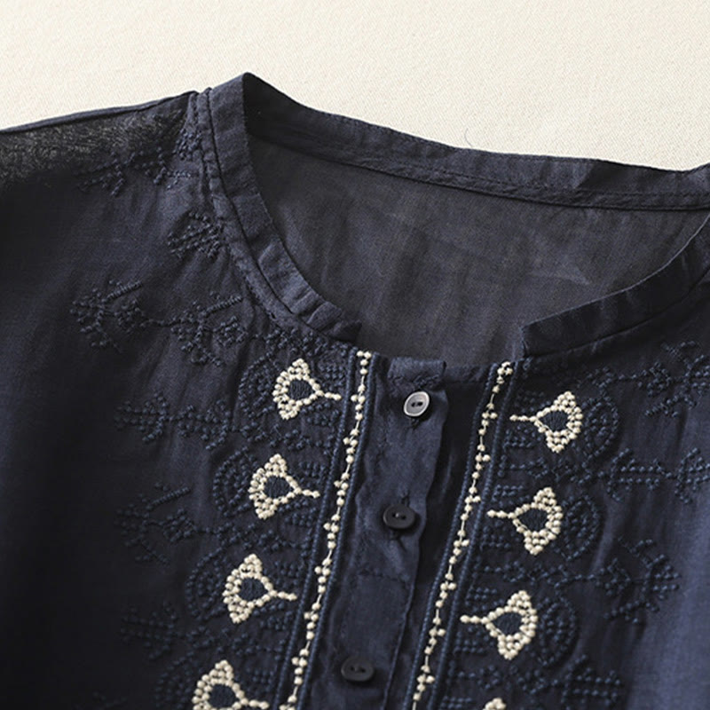 Camisa de lino y algodón con bordado simétrico de Buddha Stones para mujer, de media manga - image 2