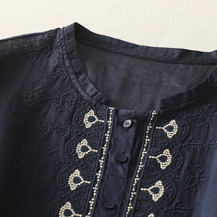 Camisa de lino y algodón con bordado simétrico de Buddha Stones para mujer, de media manga - image 2