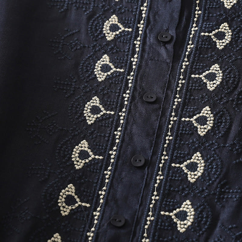 Camisa de lino y algodón con bordado simétrico de Buddha Stones para mujer, de media manga - image 5