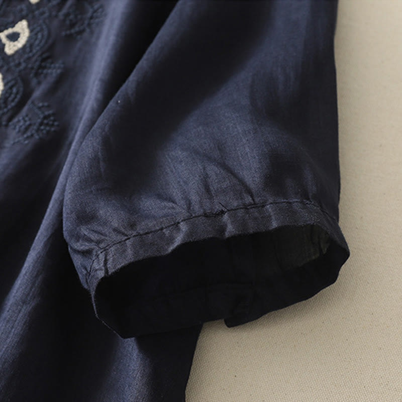 Camisa de lino y algodón con bordado simétrico de Buddha Stones para mujer, de media manga - image 3