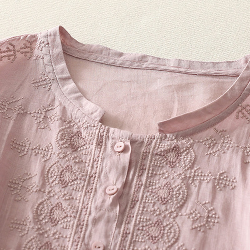 Camisa de lino y algodón con bordado simétrico de Buddha Stones para mujer, de media manga - image 11