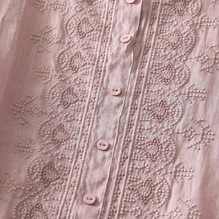 Camisa de lino y algodón con bordado simétrico de Buddha Stones para mujer, de media manga - image 10