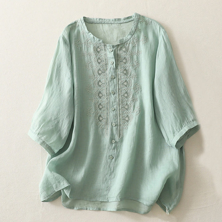 Camisa de lino y algodón con bordado simétrico de Buddha Stones para mujer, de media manga - Aguamarina mediana - US8-10，UK/AU12-14，EU40-42 (2XL) - image 12