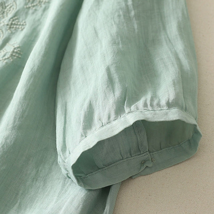 Camisa de lino y algodón con bordado simétrico de Buddha Stones para mujer, de media manga - image 15