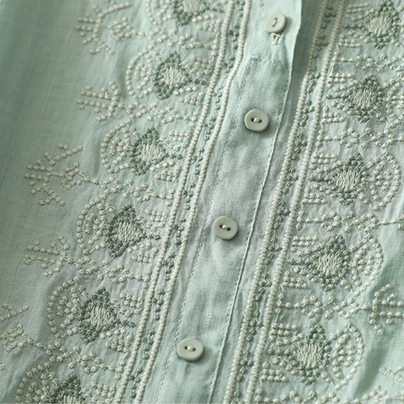 Camisa de lino y algodón con bordado simétrico de Buddha Stones para mujer, de media manga - image 16