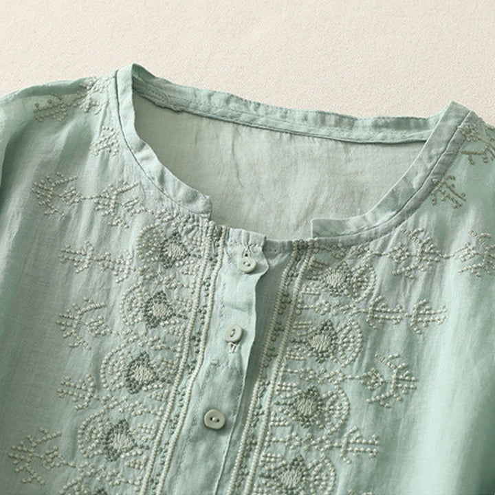 Camisa de lino y algodón con bordado simétrico de Buddha Stones para mujer, de media manga - image 14