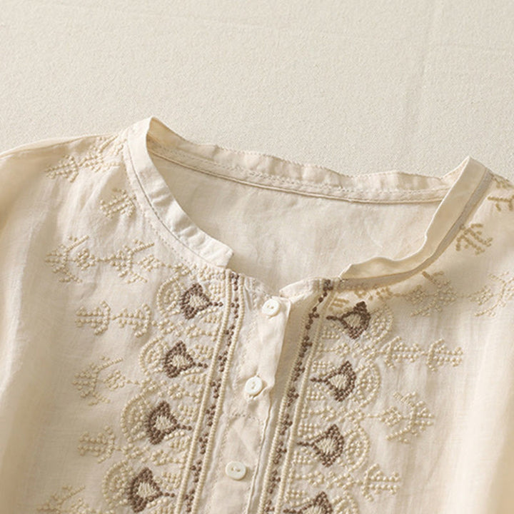 Camisa de lino y algodón con bordado simétrico de Buddha Stones para mujer, de media manga - image 19