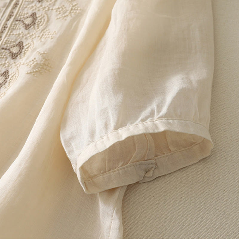 Camisa de lino y algodón con bordado simétrico de Buddha Stones para mujer, de media manga - image 23