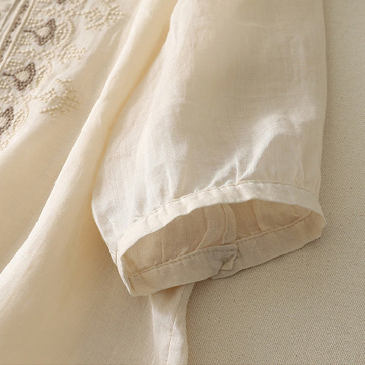 Camisa de lino y algodón con bordado simétrico de Buddha Stones para mujer, de media manga - image 23