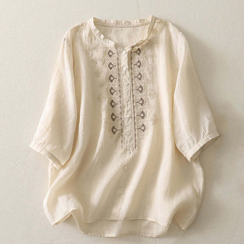 Camisa de lino y algodón con bordado simétrico de Buddha Stones para mujer, de media manga - Amarillo vara de oro claro - US8-10，UK/AU12-14，EU40-42 (2XL) - image 17