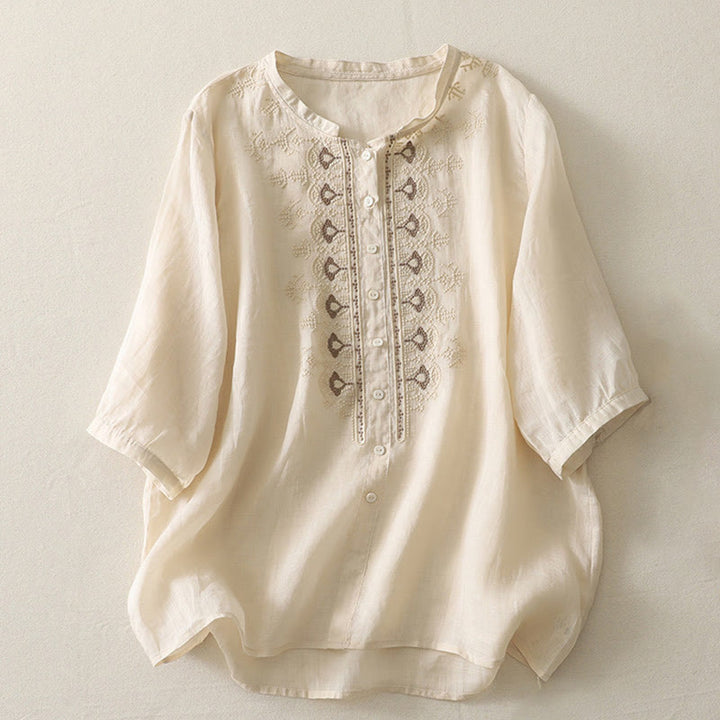 Camisa de lino y algodón con bordado simétrico de Buddha Stones para mujer, de media manga - Amarillo vara de oro claro - US8-10，UK/AU12-14，EU40-42 (2XL) - image 17