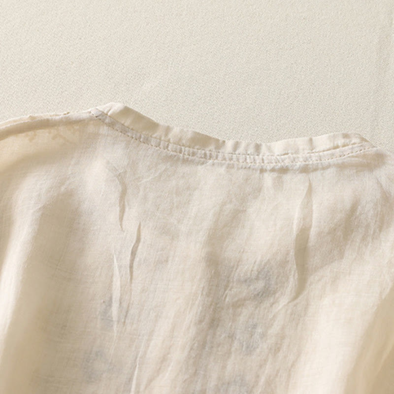 Camisa de lino y algodón con bordado simétrico de Buddha Stones para mujer, de media manga - image 22