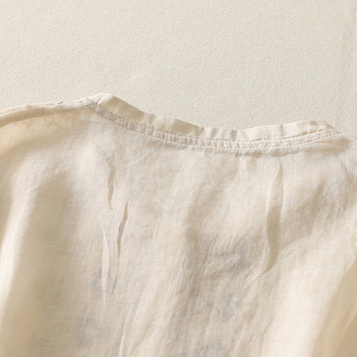 Camisa de lino y algodón con bordado simétrico de Buddha Stones para mujer, de media manga - image 22