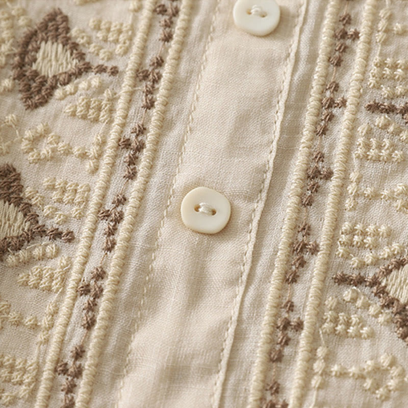 Camisa de lino y algodón con bordado simétrico de Buddha Stones para mujer, de media manga - image 25