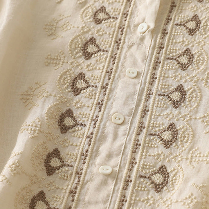 Camisa de lino y algodón con bordado simétrico de Buddha Stones para mujer, de media manga - image 24