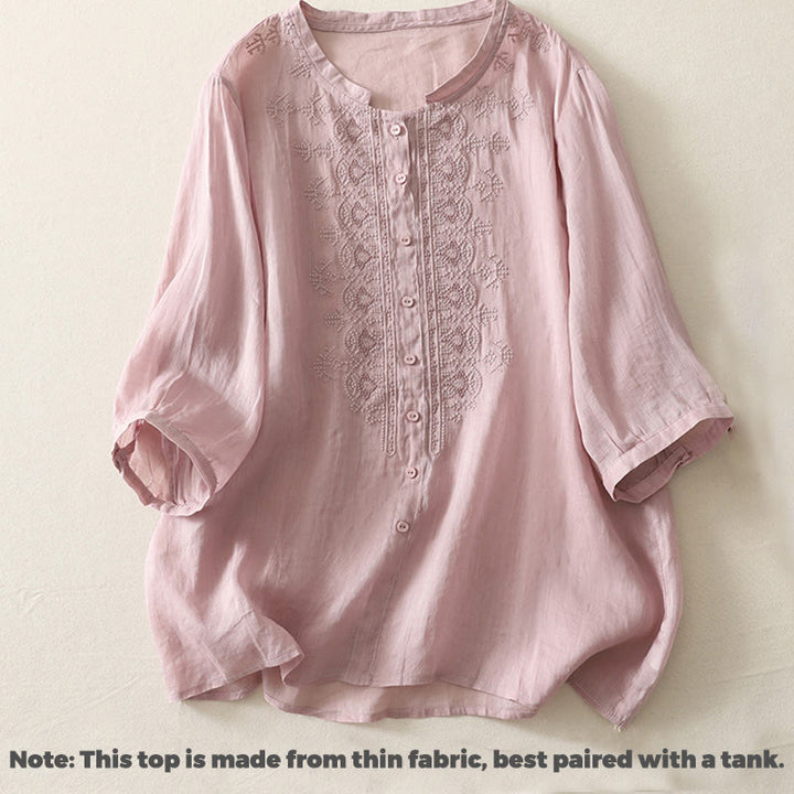 Camisa de lino y algodón con bordado simétrico de Buddha Stones para mujer, de media manga - image 7