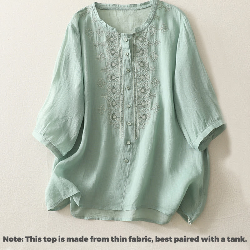 Camisa de lino y algodón con bordado simétrico de Buddha Stones para mujer, de media manga - image 13