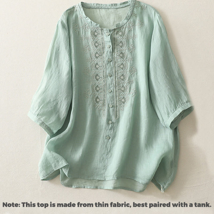 Camisa de lino y algodón con bordado simétrico de Buddha Stones para mujer, de media manga - image 13