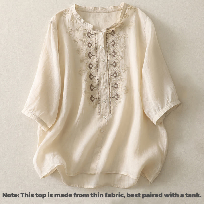 Camisa de lino y algodón con bordado simétrico de Buddha Stones para mujer, de media manga - image 18